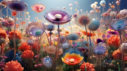 Wall Mural - a surreal garden blooming with mesmerizing 3d flowers, their hypnotic patterns intertwining into a h
