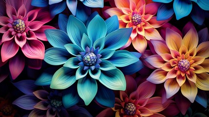 Wall Mural - a surreal garden of iridescent 3d abstract flowers, each bloom pulsating with hypnotic patterns and 
