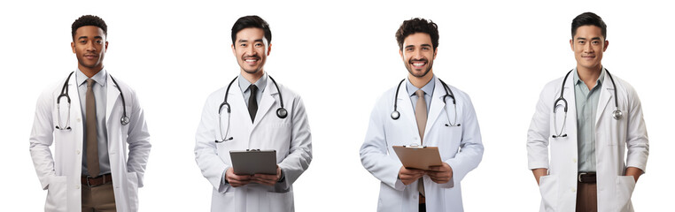 Set of Portrait of doctor young man happy smiling and standing posing, hand holding using tablet computer, isolated on white background, png