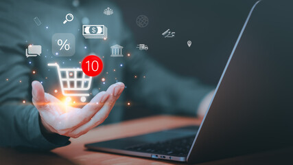 Poster - Customer show hand with add products to cart while online shopping at store. Business concept of online shopping and e-commerce technology internet, customer service and offers home delivery.