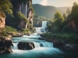 Realistic waterfall, very natural, nature tourism, pastel colors, photography style