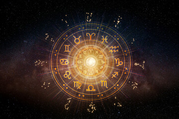 zodiac signs inside of horoscope circle. astrology in the sky with many stars and moons astrology an