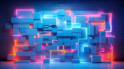 Wall Mural - an abstract 3d wall installation incorporating neon lights and futuristic elements.