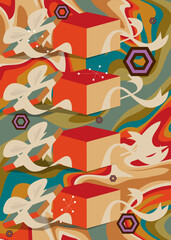 Poster - Retro 70s Background with gift box. Groovy Holiday. 1970s art template. Minimalistic Vintage design poster. Old-fashioned color artwork.