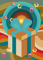 Poster - Retro 70s Background with gift box. Groovy Holiday. 1970s art template. Minimalistic Vintage design poster. Old-fashioned color artwork.