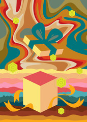 Poster - Retro 70s Background with gift box. Groovy Holiday. 1970s art template. Minimalistic Vintage design poster. Old-fashioned color artwork.