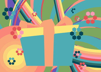 Poster - Retro 70s Background with gift box. Groovy Holiday. 1970s art template. Minimalistic Vintage design poster. Old-fashioned color artwork.