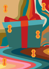 Poster - Retro 70s Background with gift box. Groovy Holiday. 1970s art template. Minimalistic Vintage design poster. Old-fashioned color artwork.