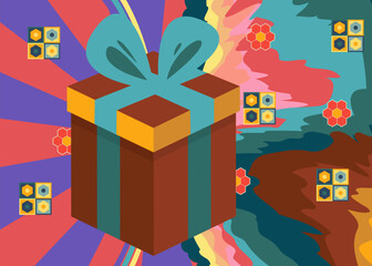 Poster - Retro 70s Background with gift box. Groovy Holiday. 1970s art template. Minimalistic Vintage design poster. Old-fashioned color artwork.