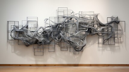 Wall Mural - an abstract 3d wall sculpture using metal rods and wires to form an intricate interconnected structu