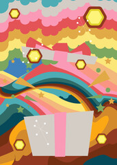 Poster - Retro 70s Background with gift box. Groovy Holiday. 1970s art template. Minimalistic Vintage design poster. Old-fashioned color artwork.