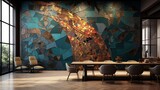 Fototapeta  - An abstract mosaic wall design featuring intricate shapes and textures, resembling a digital art installation with a fusion of metallic hues and neon accents.