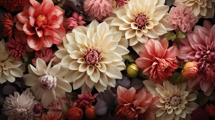 an artistic 3d wallpaper depicting an arrangement of dahlias and peonies, their petals seemingly sof