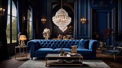 Wall Mural - an elegant, tufted chesterfield sofa in a sophisticated royal blue hue, highlighted by opulent light