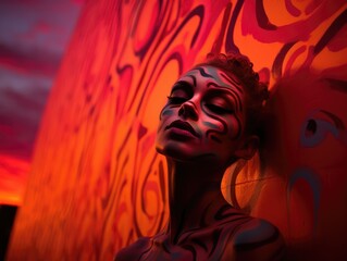 Wall Mural - A woman with painted face and body in front of a wall. Generative AI.