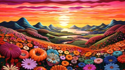 Wall Mural - an immersive landscape adorned with 3d hypnotic pattern flowers, their vibrant colors creating an en