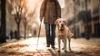 Blind man walking accompanied by his beloved dog.