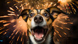 Cheerful dog celebrating new year, with fireworks background.