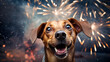 Cheerful dog celebrating new year, with fireworks background.