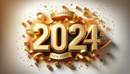 Wall Mural - Happy New Year 2024 with gold confetti and ribbons.