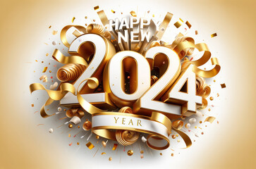 Wall Mural - Happy New Year 2024 with gold confetti and ribbons.