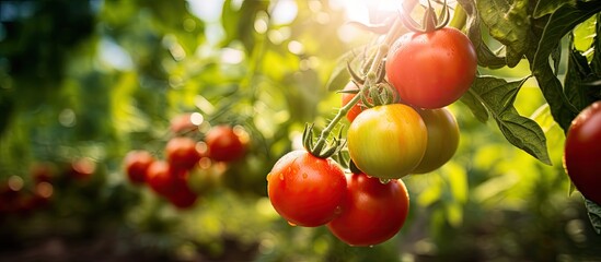 Sticker - In the blazing summer heat, amidst the lush greenery of the garden, a vibrant red tomato plant thrived, epitomizing health and growth in nature's bounty. The farm's agriculture yielded an abundance of