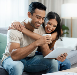 Aufkleber - Happy couple, embrace and tablet for social media on sofa in house for news, meme or post. Man, woman and laugh for funny joke with coffee for reading on internet, mobile app and web for relaxing