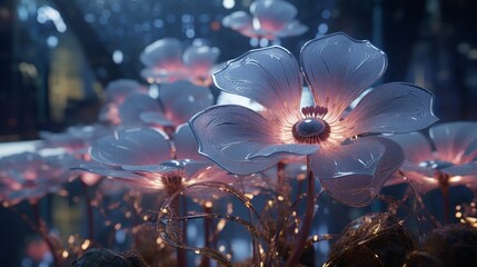 Wall Mural - Blossoming 3D digital flowers composed of intricate circuitry, forming a fusion of technology and nature in a mesmerizing futuristic garden.