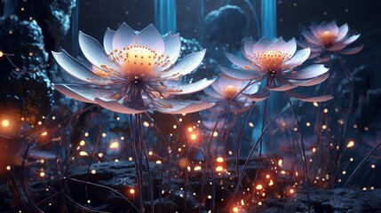 Wall Mural - blossoming 3d digital flowers composed of intricate circuitry, forming a fusion of technology and na