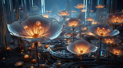 Wall Mural - blossoming 3d digital flowers composed of intricate circuitry, forming a fusion of technology and na