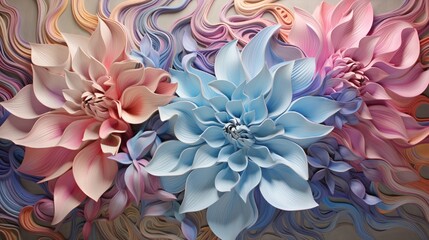 Wall Mural - cascading ribbons of iridescent 3d flowers twirling and spiraling, weaving an entrancing tapestry of