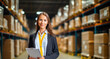 © MVProductions - Portrait of a confident caucasian businesswoman standing with clipboard in distribution warehouse, showcasing her leadership skills, efficiency, and expertise in logistics and supply chain management