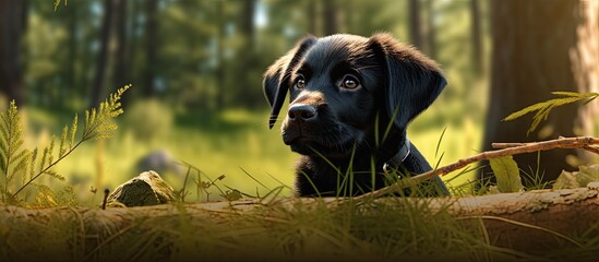 Poster - In the heart of a vast forest, a young black dog explores the enchanting beauty of nature during a sunny summer day, basking in the golden grass and capturing a cute portrait of its lively and playful