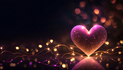 Poster - valentine card with heart on dark glowing background and copy space