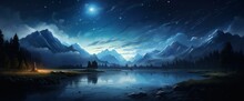 A Tranquil Night Sky Filled With Stars And A Blue Moon Casting A Soft Glow Over A Dark Landscape.
