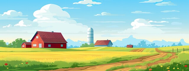 Wall Mural - Rural landscape with field, trees, grass and house.