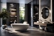 A stylish bathroom with a freestanding bathtub, modern fixtures, and a large mirror reflecting the contemporary design.
