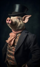 Portrait Of Pig Dressed In Victorian Era Clothes, Confident Vintage Fashion Portrait Of An Anthropomorphic Animal, Posing With A Charismatic Human Attitude