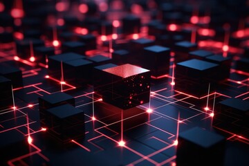 Poster - Abstract red technology background with glowing cubes. 3d rendering toned image, Close-up of a red glowing blockchain network with interconnected blocks and data fields, featuring, AI Generated