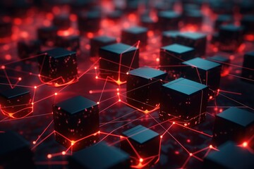 Poster - abstract 3d render of cubes with network connection. technology concept, close-up of a red glowing b