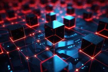 Poster - abstract 3d rendering of black cubes with red neon lights on dark background, close-up of a red glow