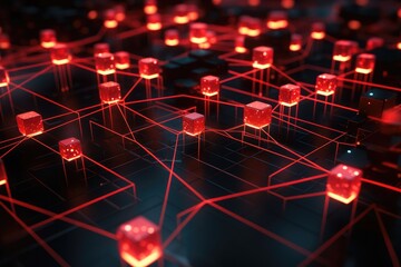 Poster - 3D rendering of a network of red cubes on a dark background, Close-up of a red glowing blockchain network with interconnected blocks and data fields, AI Generated