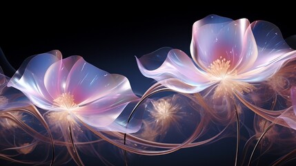 Wall Mural - Radiant 3D abstract flowers formed from intertwining, shimmering ribbons of light, creating an ethereal and mesmerizing floral spectacle.