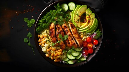 grilled chicken rice spicy chickpeas avocado cabbage , pepper buddha bowl on dark background.