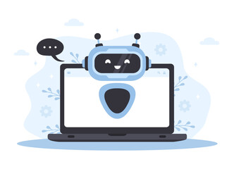 Wall Mural - robot chatbot on laptop screen. ai business assistant. online customer support and faq. artificial i