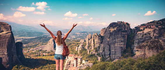 Traveler woman tourist in Meteora, Greece