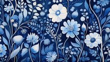 Illustration Of Blue Floral Pattern In Oil Painting