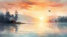 Digital Watercolor Painting Of Beautiful Sunset On Lake Panorama