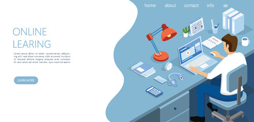 Online learning isometric landing page template. E-learning concept.