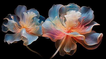 Wall Mural - Translucent 3D flower sculptures emerging from an energetic whirlwind, their luminescent petals reflecting a surreal dance of light and color.